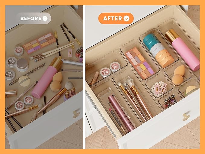 DCA 14 PCS Clear Drawer Organizer, Acrylic Makeup Organizers, Vanity Drawer Organizer Trays, Bathroom Organizers and Storage Bins Ideal Gift for Her