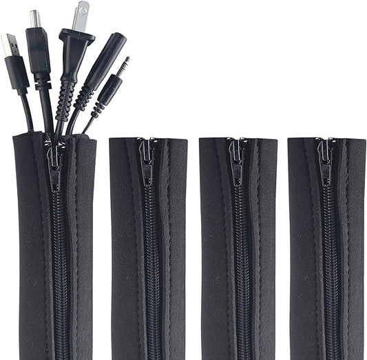 Zipper Cable Sleeve by Wrap-It Storage - 24" x 4" (4-Pack) Black - Cord Organizer and Cable Protector for Desk, Computer, TV Cord Management to Hide and Cover Wire and Extension Cables