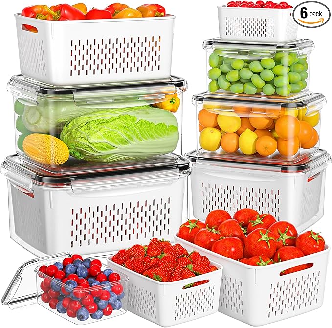 HOMETALL 6 PCS Fruit Storage Containers for Fridge with 6 Removable Colanders, BPA Free Produce Containers for refrigerator, Dishwasher & Microwave Safe Food Containers Keep Fruit, Salad, Berry, Fresh