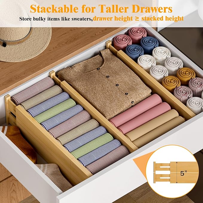 Bamboo Drawer Dividers, 12-21" Adjustable Drawer Organizers for Clothes, 5-Pack