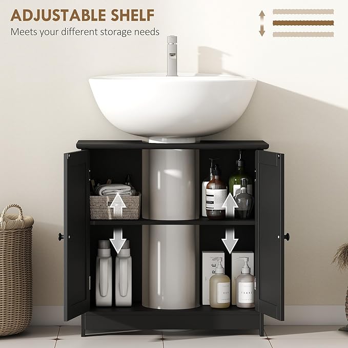 Under Sink Bathroom Cabinet, Pedestal Sink Storage Cabinet with 2 Doors, Black