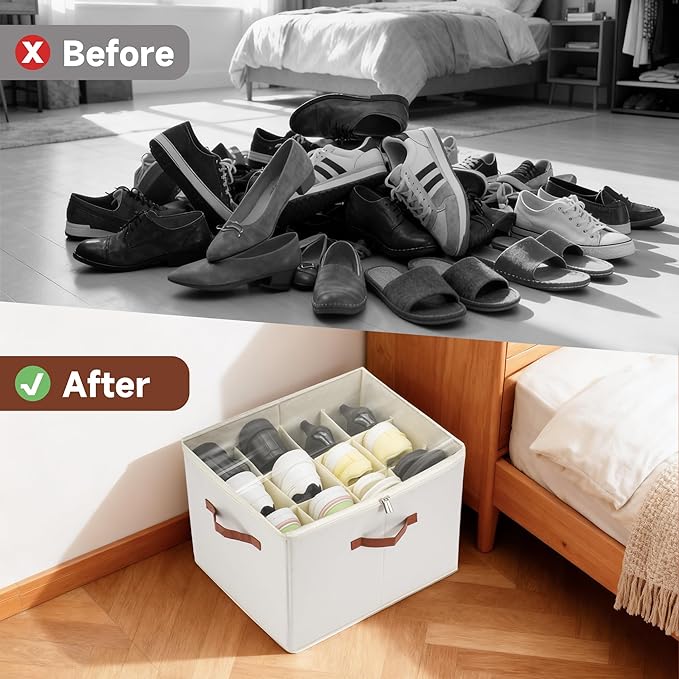 2-Pack Shoe Organizer for Closet, Foldable Shoe Storage Container with Adjustable Dividers & Clear Lid, Holds Up to 12 Pairs, Space-Saving Shoe Boxes, White