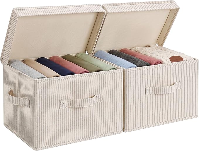 StorageWorks Fabric Storage Bins with Lid, Decorative Storage Boxes for Shelves, Stackable Closet Organizer Basket with Handles, Medium, Khaki and Beige Stripes, 2-Pack