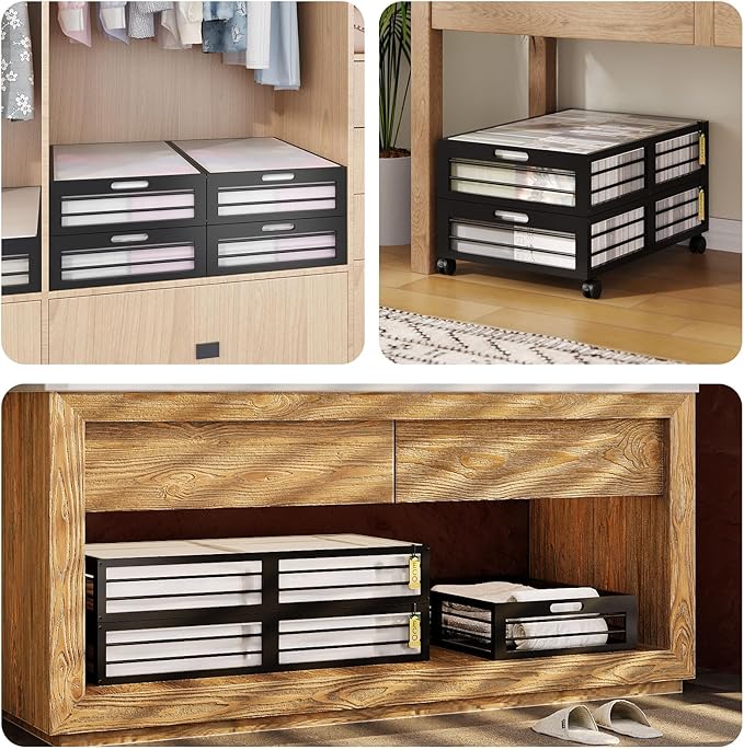 Bamboo Underbed Storage Containers with Wheels & Bag 2 Pack, Under Bed Rolling Storage Bins, Wood Underbed Shoe Clothes Storage Stackable Drawers for Bedroom Closet Under Crib Toy (Black)