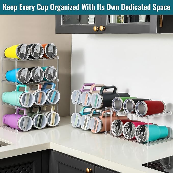 Design for Stanley 40 OZ & Large Bottles & Tumblers with Handle, Acrylic Water Bottle Organizer - Stackable Clear Wine Rack, Cup Holder for Home Kitchen Pantry Shelf Countertop Cabinet, 3 Tier Hold 9