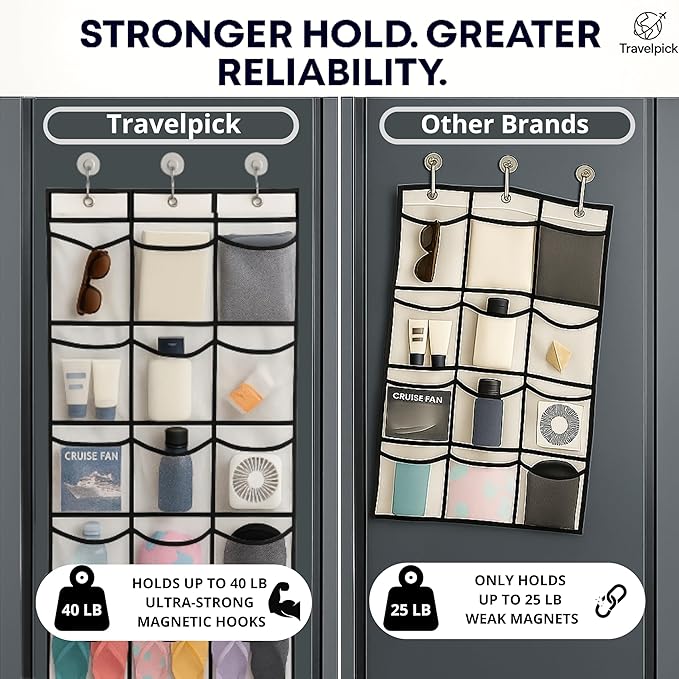 Magnetic Cruise Cabin Organizer 2026-15 Pocket Over the Door Hanging Shoe Organizer & Stateroom Storage, 40 LB Magnetic Hooks for Cruise Ship Cabin Essentials & Must Haves