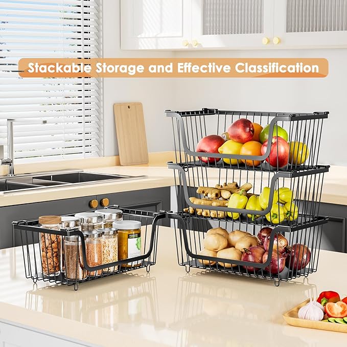 4 Pcs Stackable Wire Baskets for Pantry Organizers and Storage