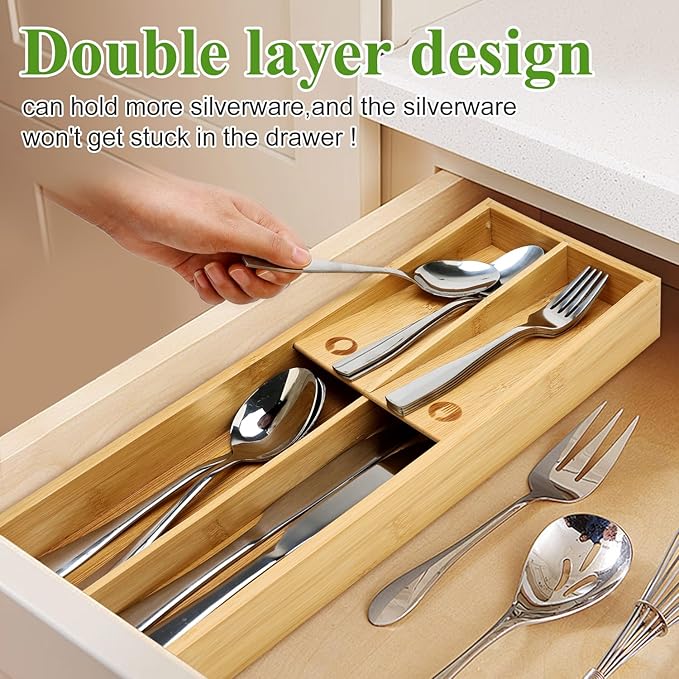 Small Bamboo Silverware Organizer for Drawer Utensil Tray Wood Cutlery Organizer