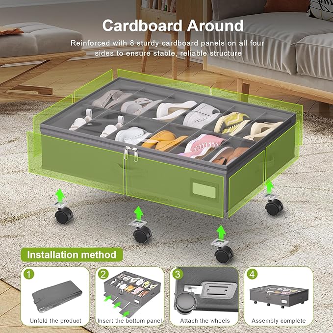 Under Bed Shoe Storage with Wheels, Fits 24 Pairs, Grey