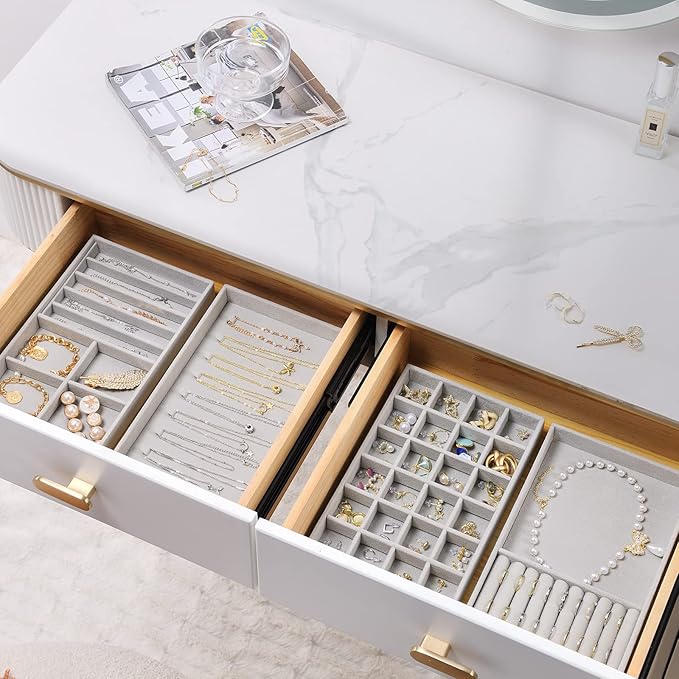ProCase Stackable Jewelry Organizer Trays for Drawers, Jewelry Drawer Inserts Container Display Case Storage for Earring Necklace Rings Bracelet with Removable Dividers -Grey, 4 Layers