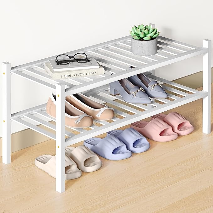 Smiry Bamboo Shoe Rack for Closet, 2 Tier Wooden Shoe Organizer, Stackable Wood Shoe Storage Shelf for Entryway, 14 Vertical Slats, One-piece Heavy-Duty Legs, 26.77"x11.02"x12.99", White
