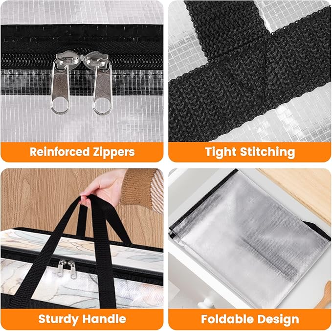 BlissTotes 8 Pack Clear Clothes Storage Bags, Moving Bags, Foldable Blanket Storage Under Bed Storage Containers with Sturdy Zipper and Handle for Clothing, Comforter, Bedding, Sheet (60L)