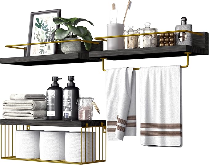 PopiShelves Bathroom Shelves Over Toilet for Wall, Floating Shelves with Storage Basket Paper Holer for Kitchen Living Room, Bedroom & Classroom, Set of 3 (Black and Gold)