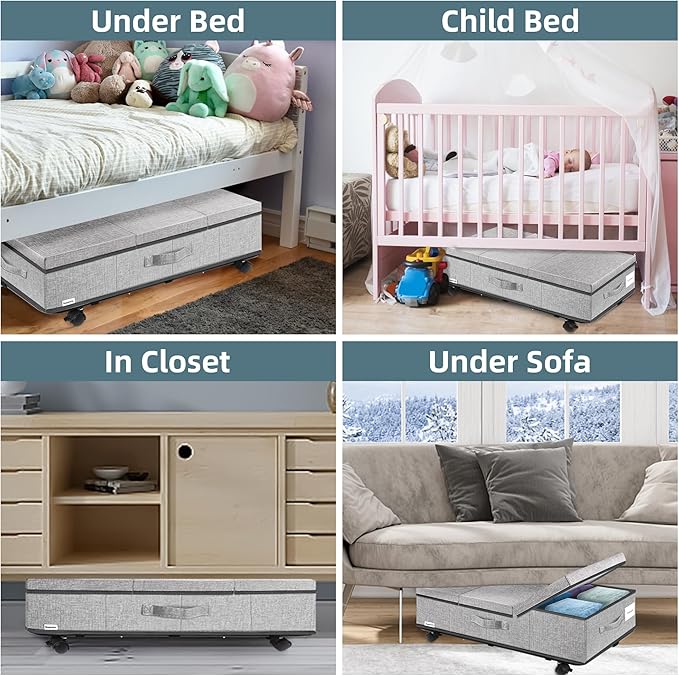 Supowin Under Bed Storage with Wheels, Rolling Underbed Storage Containers with Lids, Under Bed Shoe Storage Bins Organizer with Reinforced Metal Bottom Support and Three Handles