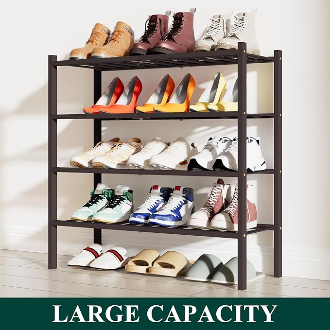 Smiry Bamboo Shoe Rack, 4 Tier Free Standing Wooden Shoe Organizer, Stackable Wood Shoe Storage Shelf for Closet, Entryway, 12 Vertical Slats, 2+2 Stack Standard Legs, 26.8"x11"x26", Brown