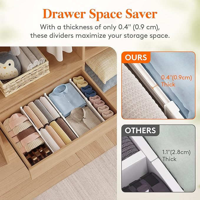 Lifewit 5 Pack Drawer Dividers for Clothes, 4" High 13.8"-22.2" Expandable Dresser Drawer Organizers, Adjustable White Plastic Separators for Kitchen, Cabinet, Nursery, Socks & Underwear Storage