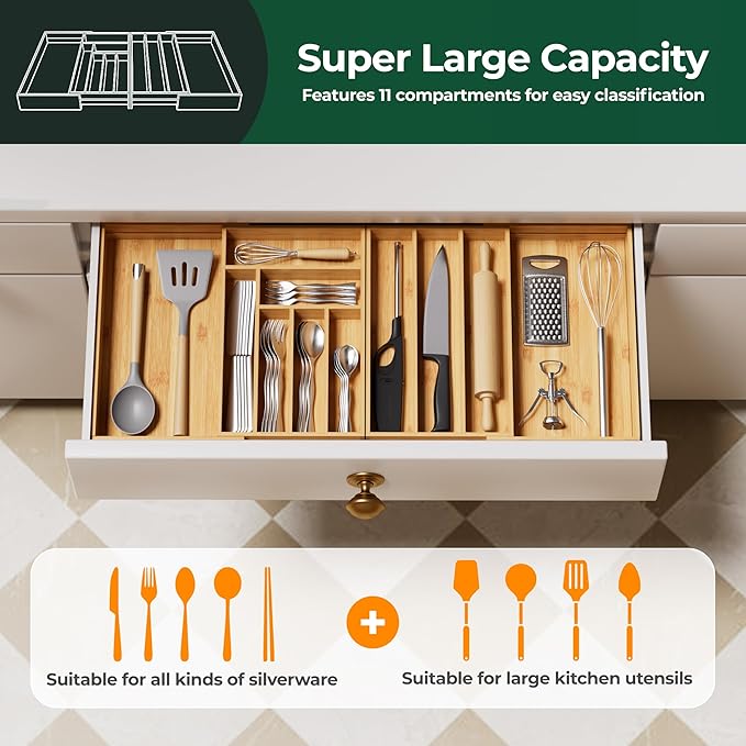 Large Silverware Organizer, Utensil Tray for Kitchen
