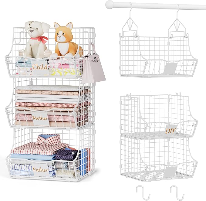 Hanging Closet Organizers and Storage, 3 Tier Closet Shelf Clothes Organizer with 2 S-Hooks, Multi-Functional Iron Wire Baskets, for Clothing, Sweaters, Handbags, Hat, Canned
