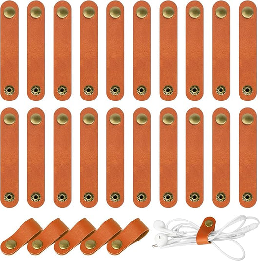 20 Pcs Leather Cord Organizer - Brown Leather Cord Ties for Charging Cords, Reusable Charging Cable Organizers