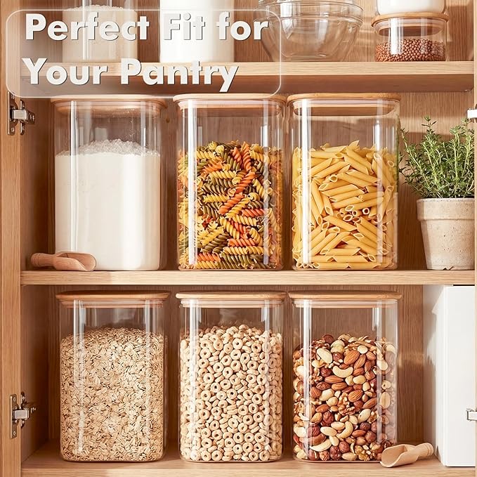 2-Pack 4.6Qt Large Glass Flour Sugar Storage Containers with Bamboo Lids, Wide-Mouth Food Jars with Measuring Cups for Baking, Gallon Glass Storage Pantry Jars for Sugar, Flour, Rice, Oats