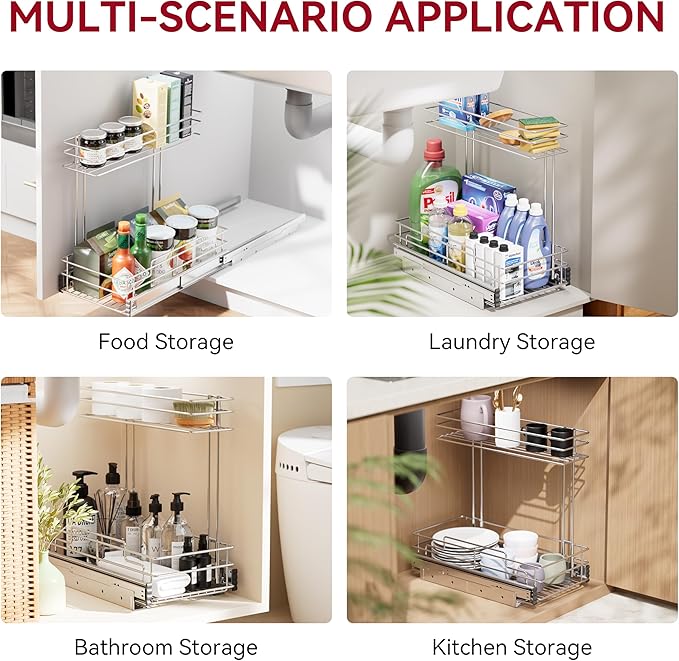 Under Sink Organizer 9" W X17 D, Pull Out Cabinet Organizer 2 Tier, 1 Pack