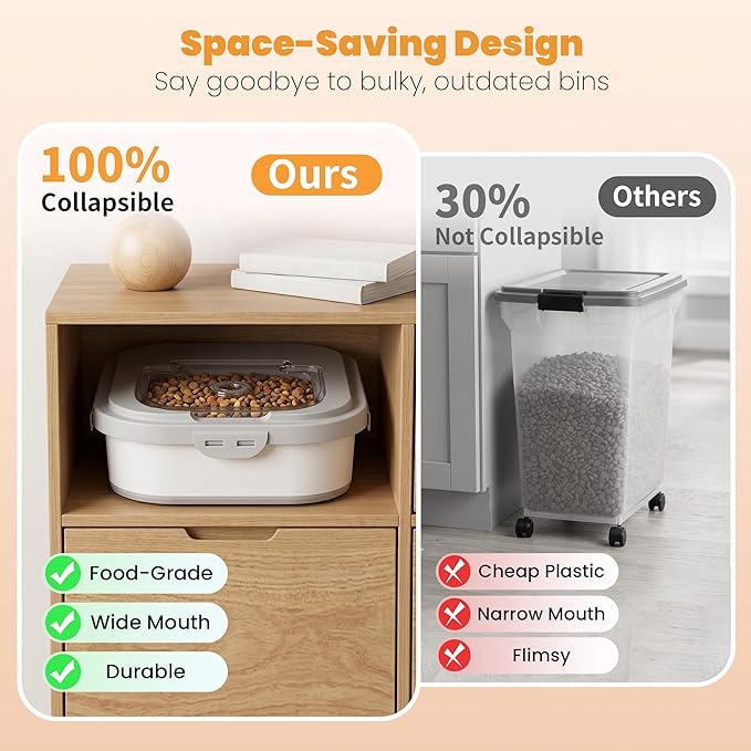 40 Lbs Dog Food Storage Container with Wheels, Collapsible Pet Food Storage Container with Clear Window, 2 Measuring Cups and Scoop, BPA Free Cat Food Container for Rice, Flour, Grain, Bird Seed