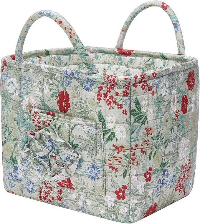 Quilted Fabric Storage Baskets with Handles, Boho Floral Gift Basket Foldable Organizer Bin for Home Decor, Picnic, Travel 12''x10''x10'' (Ivory)