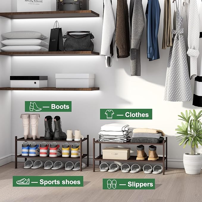 kiplant Bamboo Shoe Rack for Entryway, 2-Tier Stackable | Foldable | Natural, Shoe Organizer for Hallway Closet, Free Standing Shoe Racks for Indoor Outdoor