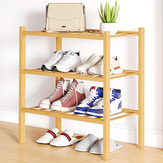 Smiry Small Bamboo Shoe Rack, 3 Tier Free Standing Wooden Shoe Organizer, Stackable Wood Shoe Storage Shelf for Closet, Entryway, 12 Vertical Slats, 2+1 Stack Standard Legs, 17.3"x11"x19.5", Natural