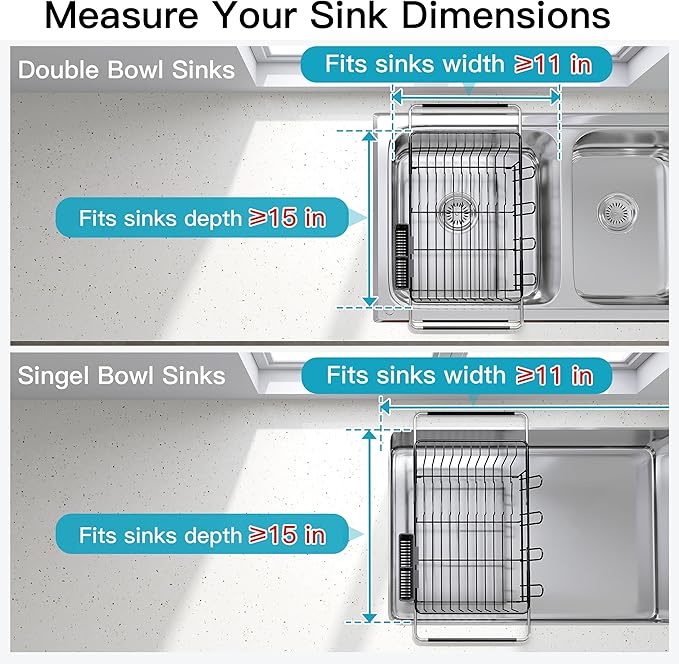 Over the Sink Expandable Dish Drainer Drying Rack In Stainless Steel for Small Kitchen, Counter Space Saving Modern Compact Metal Above Plate Dryer Strainer, Adjustable Hanging Inside Drain Holder