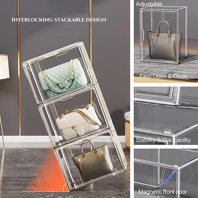 ZLLZUU Clear Stackable Plastic Storage Bins with Lid, Dustproof Book Cosmetic Acrylic Display Cases with Magnetic Door, Large Figures Collectibles Showcase