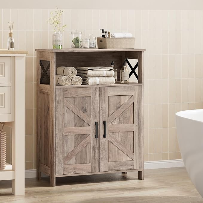 Homhedy Farmhouse Bathroom Storage Cabinet with 2 Doors, Toilet Paper Cabinet with Adjustable Shelf, Small Bathroom Cabinet for Kitchen/Laundry/Living Room, 11.8 x 23.6 x 31.5 Inches, Greige