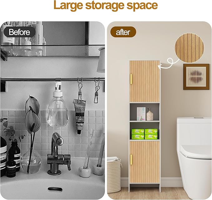 Tall Storage Cabinet, 13.15 Inch Narrow Bathroom Cabinet with USB Magnetic Light, Open Shelf, Magnetic Doors, 2 Adjustable Shelves, Anti-Tip Kit for Small Spaces, Living Room, White, 57.1" H