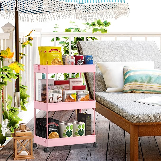 SPACEKEEPER Rolling Storage Cart 3 Tier, Bathroom Cart Organizer Laundry Room Organizer Utility Cart Mobile Shelving Unit Multi-Functional Shelves for Office, Kitchen, Bathroom, Pink