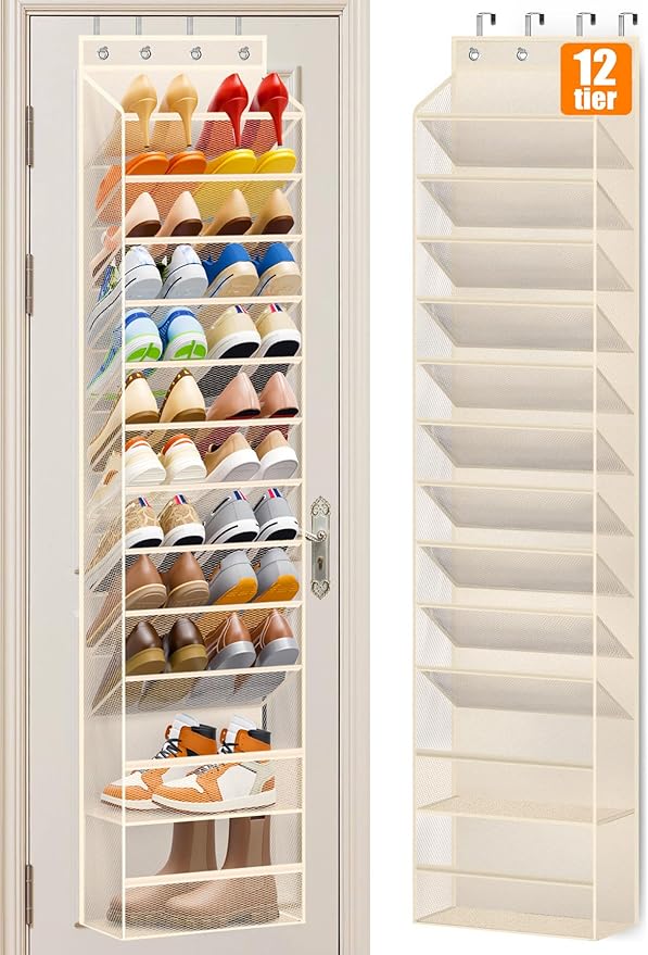 12 Tier Over the Door Shoe Organizer Breathable Mesh Hanging Shoe Rack, Beige