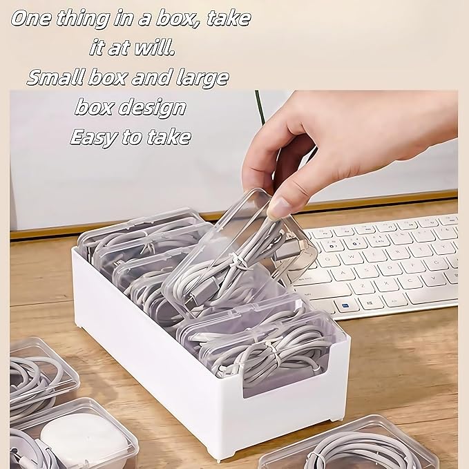 2 Pcs 11 Box Cable Organizer Storage Box, Desktop Cable Management with Switch, Power Cord Organizer for Office,Home,Desk Accessories Storage Stationery Supplies and Accessories（Clear）