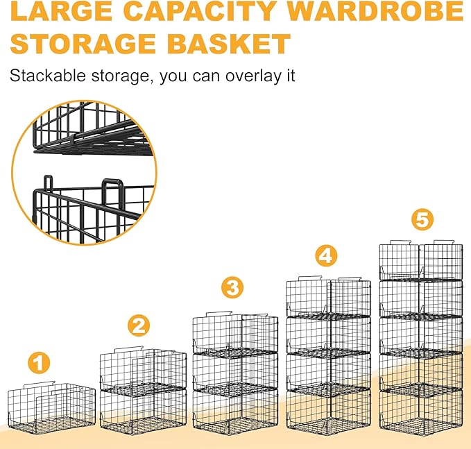 Jakyitvi 5-Tier Stackable Closet Organizer Shelf – Foldable Metal Storage Bins for Clothes, Sweaters & Towels | Stylish Black Wire Baskets for Bedroom, Wardrobe, Dorm or Entryway