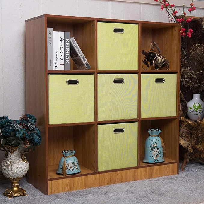 Posprica Foldable Storage Bins,13×13×13 Storage Cubes Boxes Baskets Containers for Shelf Bookcase,Thick Fabric Drawers - Set of 4, Yellow/Beige mixed
