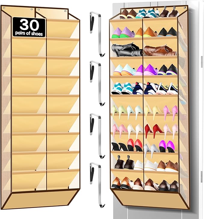 Kotkn 10-Tier Over the Door Shoe Organizer, 20 Pockets Holds 20-30 Pairs, Beige