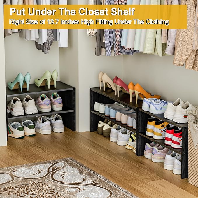 Black Shoe Rack Organizer for Closet, 2-Tier Expandable Shoe Shelf, Stackable Iron Wood Combination Small Shoe Racks Shelves for Closets, Entryway,Small Space,Hallway,Garage,6-12 Pairs