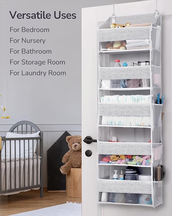 1 Pack Over Door Organizer with 5 Large Pockets 10 Mesh Side Pockets, Light Gray