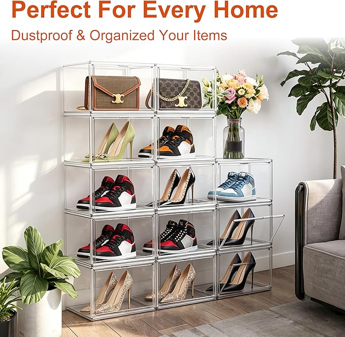 12 Pack Acrylic Shoe Storage Boxes Clear Sneaker Shoe Display Case Fit US Size 12, Stackable Hat Sneaker Shoe Organizer for Closet, Entryway, Underbed, Space Saving Shoe Boxes for Men Women