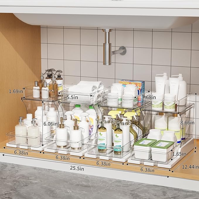 Jsyrjing Pull Out 2 Tier Under Sink Organizer Clear Cabinet Organizer for Kitchen Bathroom Storage Rotating Pantry Rack for Spice Organization and Makeup Organizer for Drawer Durable Design 2 Pack