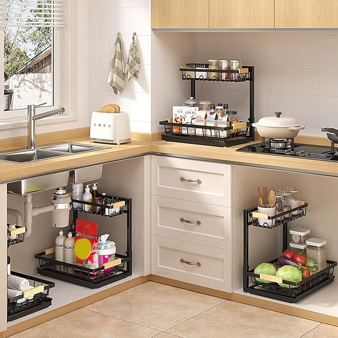 Sevenblue 2 Packs Under Sink Organizer, Height Adjustable 2 Tier Under Kitchen Sink Organizer, Multi-Purpose Storage Shelf for Kitchen Bathroom Cabinet