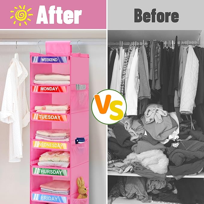 6-Shelf Weekly Clothes Organizer for Kids, Hanging Daily Closet Organization with 6 Side Pockets, Days of The Week Clothing Divider Storage for Boys and Girls (Pink)