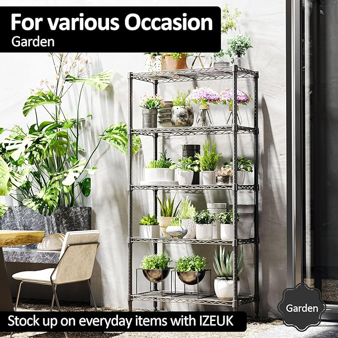 IZEUK 5-Tier Heavy Duty Metal Storage Shelves, 15.7" D x 33.5" W x 68.5" H, 1250 lbs, Black, Adjustable Wire Shelving Unit,Storage Rack for Kitchen, Garage and Closet Organizer