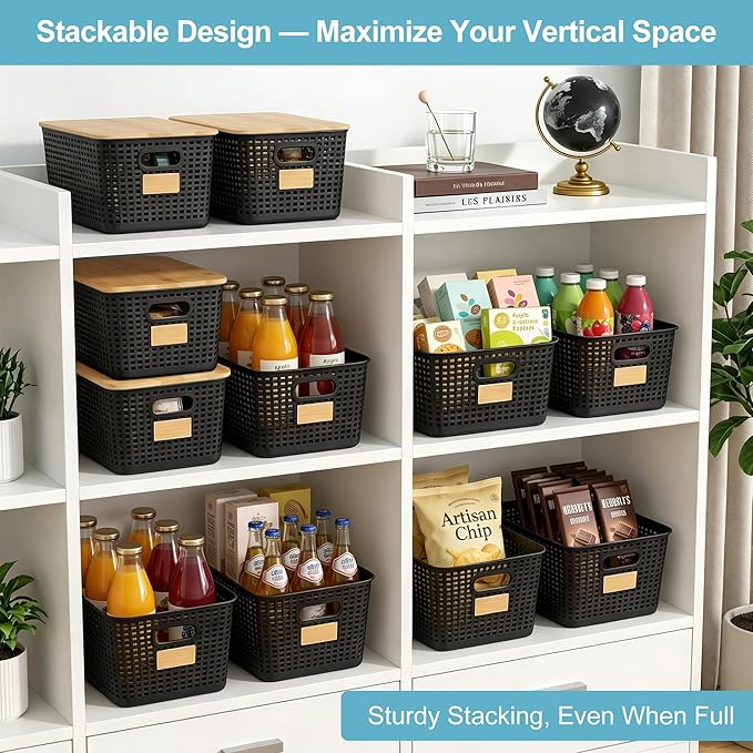 2 Pack Tall Plastic Storage Bins with Bamboo Lids, Black