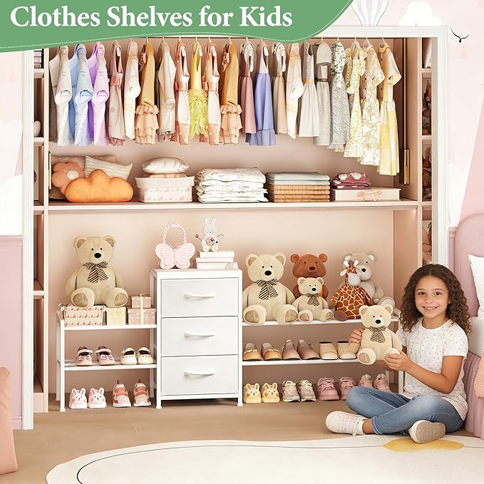 Cidaziya Expandable Closet Organizers and Storage,Wide Long 3 Drawer Dresser,White Fabric Storage Dresser, Clothes Shelves for Kids, Purse Organizer Small Shoe Rack for Closet Bedroom(47.24~71.47in)