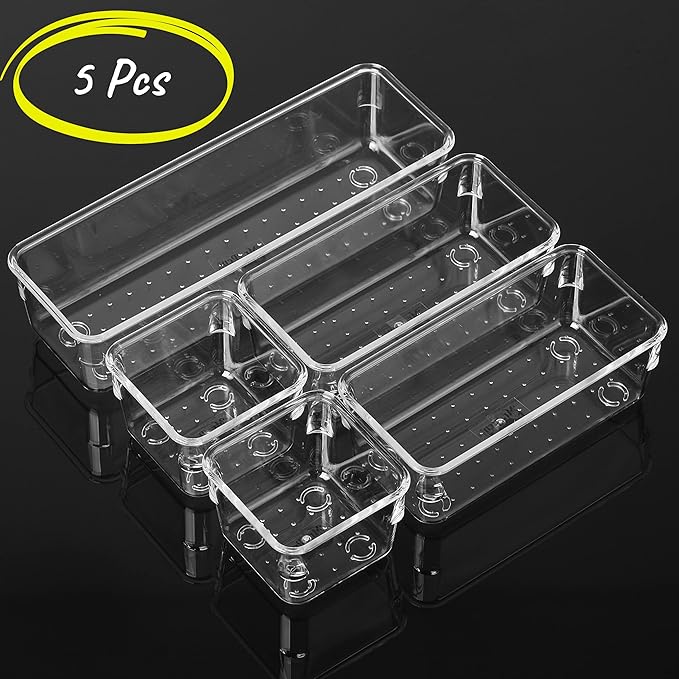 Mr. Pen- Drawer Organizers Set, 5 pcs, Clear Plastic Makeup Drawer Organizer, containers for Organizing, Desk Vanity Organizer, Bathroom Drawer Organizers