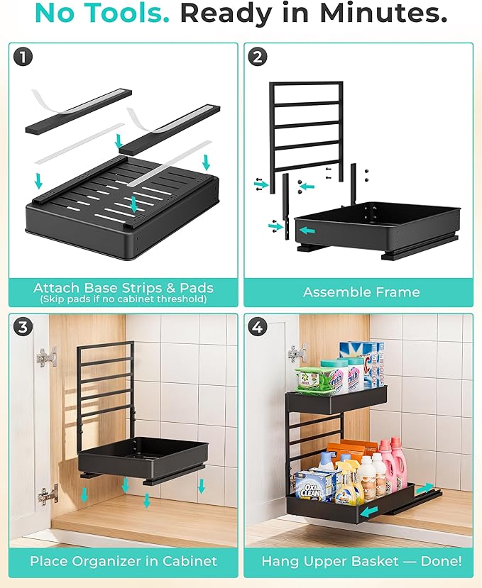 EVERIE Metal Pull Out Slide Shelf Organizer for Under Sink Organization in Kitchen, Bathroom, Counter, Cabinets, Minimum Available Space 13" Wide x 16.5" Deep (Black, 1 Set)